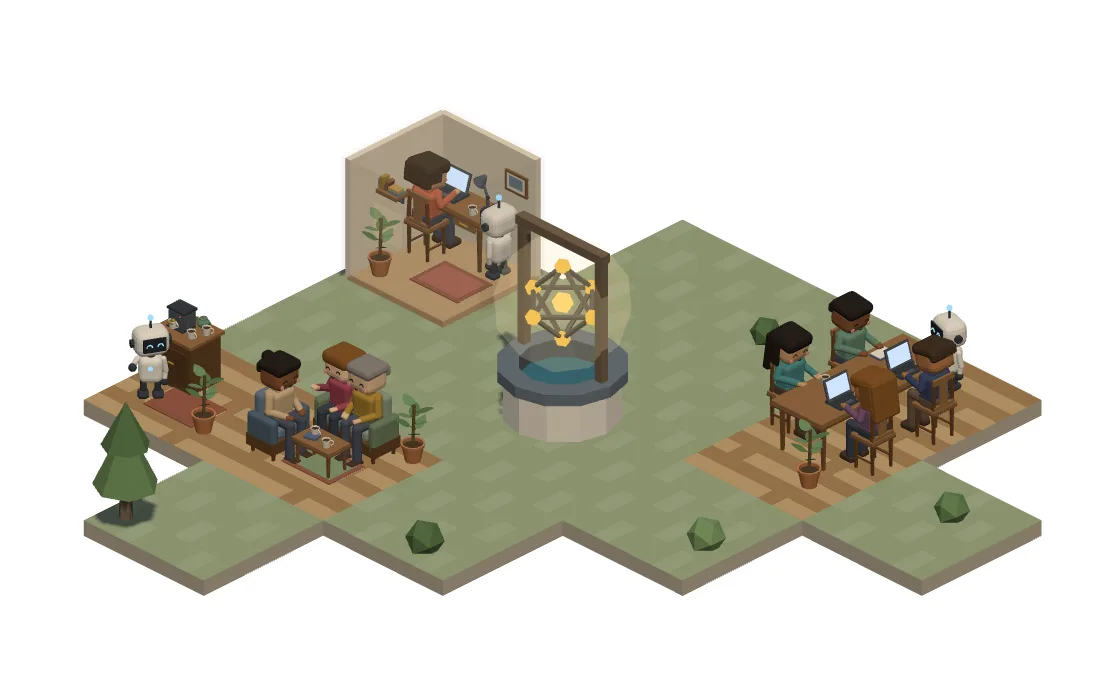 A campus in the open: people working across a long table and talking on a sofa, a robot at the coffee machine, another helping someone at a desk in a small studio, and a well in the middle of the yard.