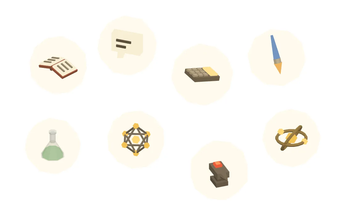 Eight objects floating in the air, all the same size: a book, a speech bubble, a calculator, a paintbrush, a flask, a spark, an anvil and an atom.